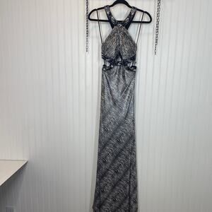 NWT Camille La Vie Animal Print Sequin Halter Open Back Maxi Dress Size 4